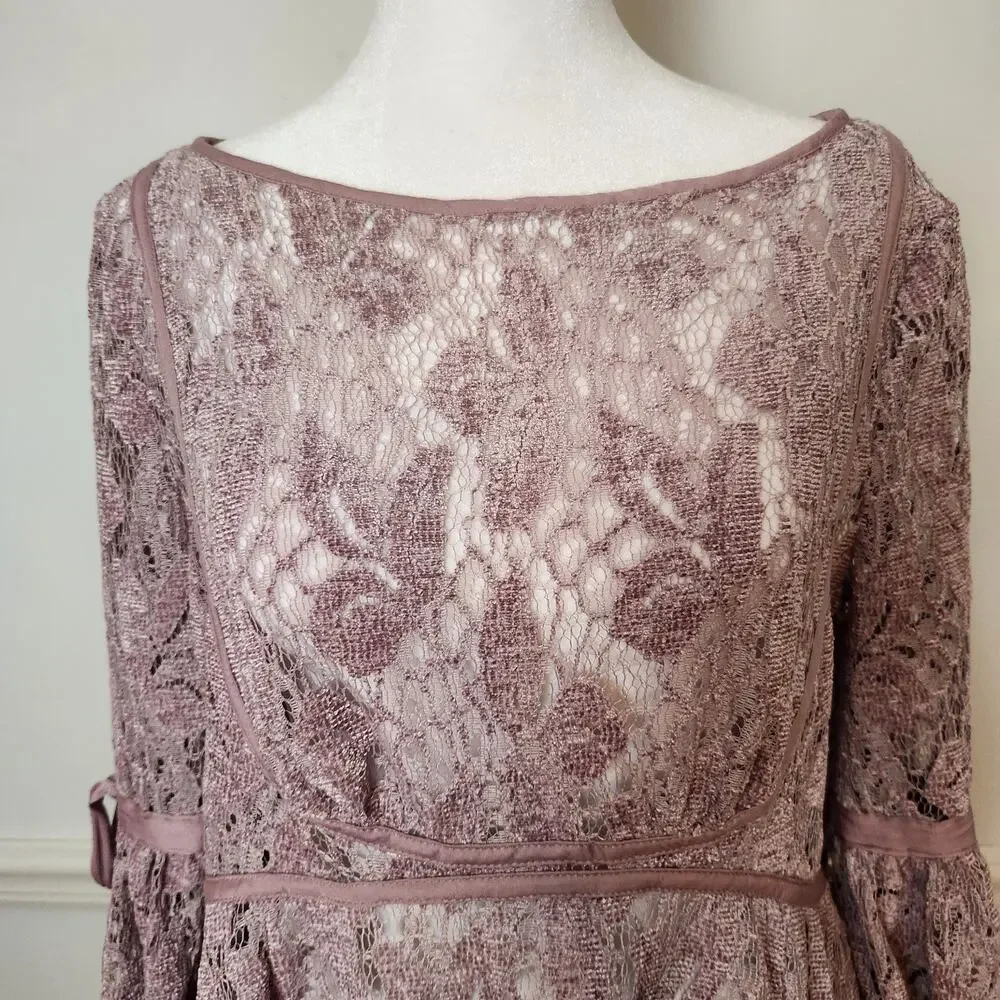Free People Dress XS Womens Mini Crochet Lace Sheer Mauve Purple Boho Coquette